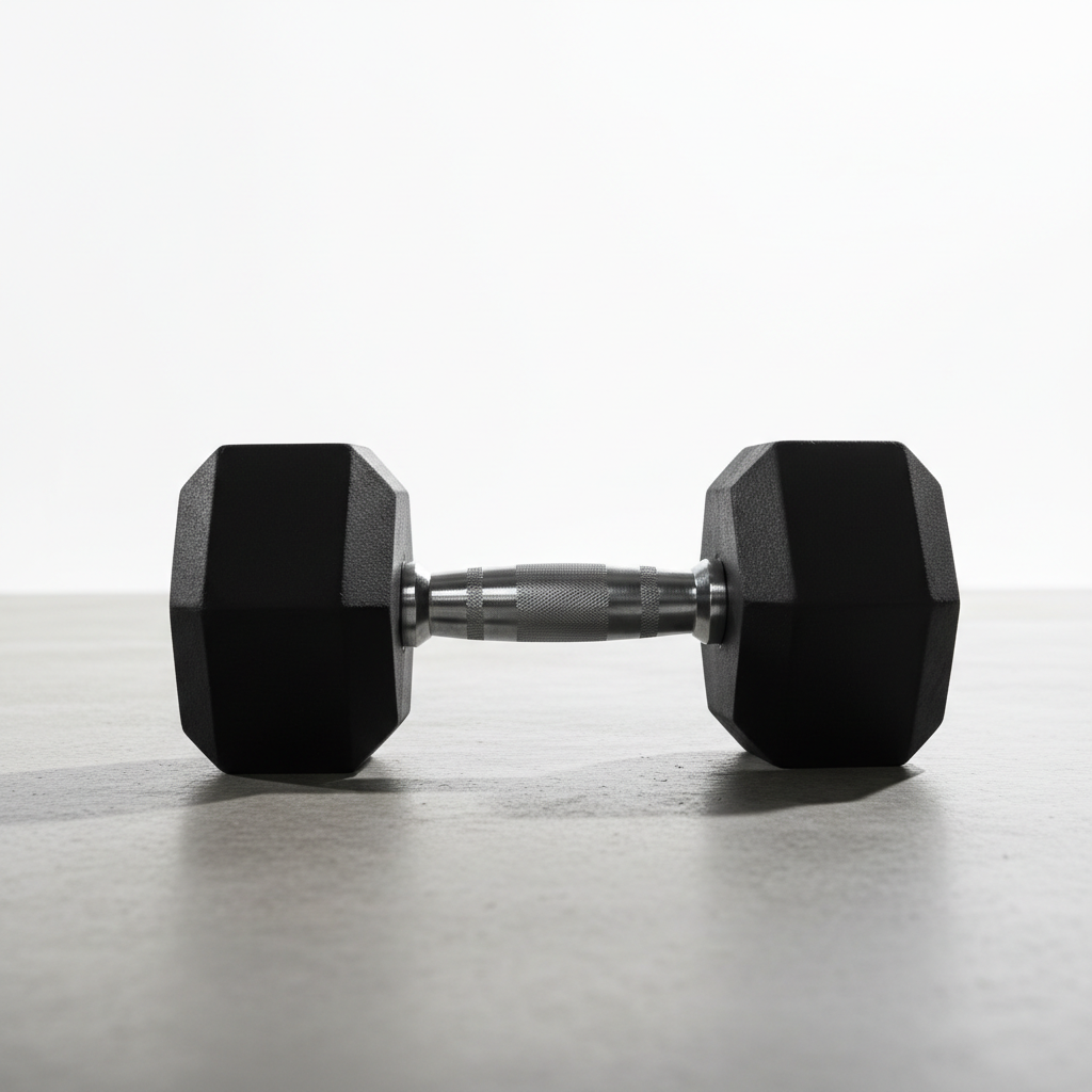 A matte black dumbbell with knurled steel handles resting diagonally across a smooth, light-gray concrete floor, set against a seamless white backdrop. Sharp, directional studio lighting from the left casts crisp, dramatic shadows behind the dumbbell, highlighting its contours and the texture of the knurling. The minimalist setting amplifies the sleek, modern appeal of the equipment. Framed from a low, slightly off-center angle with shallow depth of field, the image is boldly dynamic and embodies high-intensity focus. The aesthetic exudes photographic realism and power, echoing the drive of an elite fitness trainer’s portfolio.