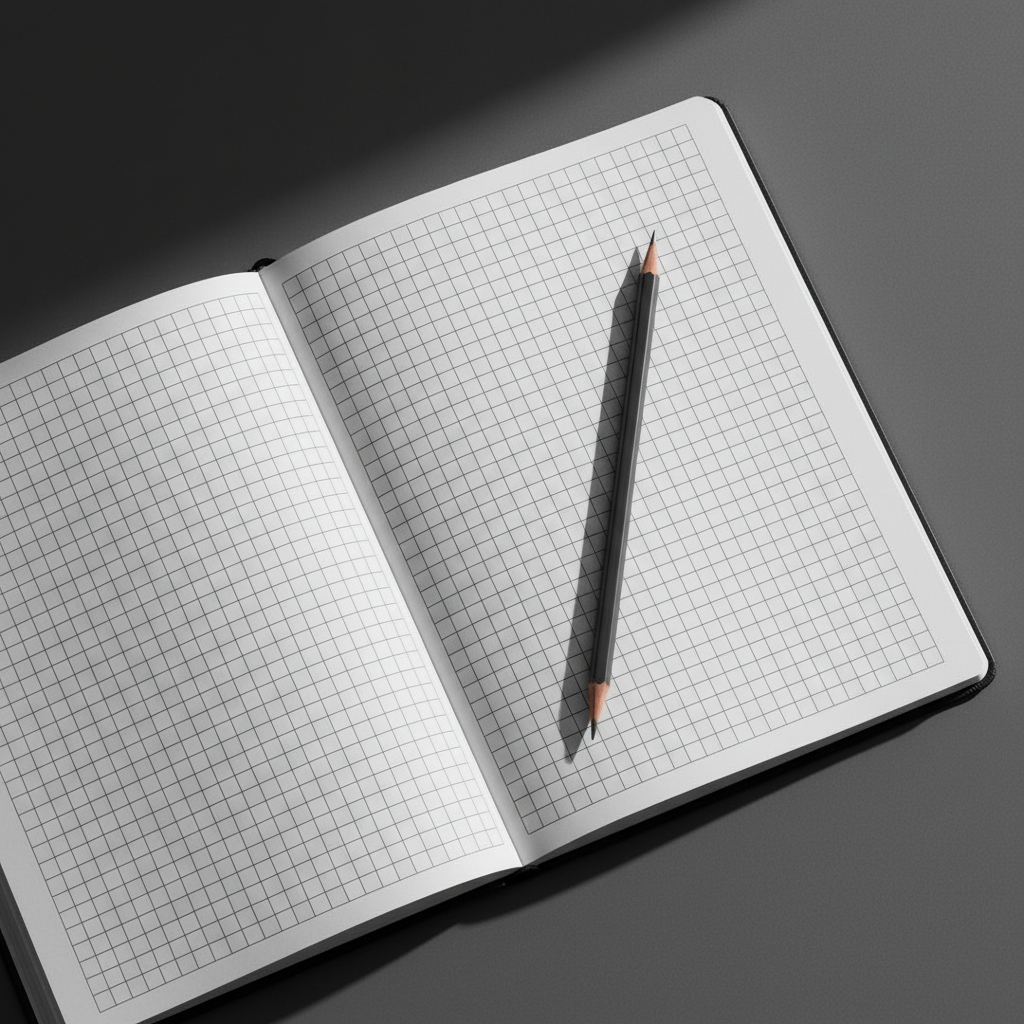 An open fitness journal with crisp, white heavyweight pages, bold black gridlines, and a sleek graphite pencil laid diagonally across the page. The journal rests on an unadorned, matte slate surface, with a minimalist background that completely fades out of focus. Narrow, directional lighting from the right sharply defines the pencil and creates fine, elongated shadows that cut across the page. Captured from a high, bird’s-eye perspective with precise framing, the image feels organized, bold, and determined, reflecting the value of structured goal setting and tracking in personal fitness.