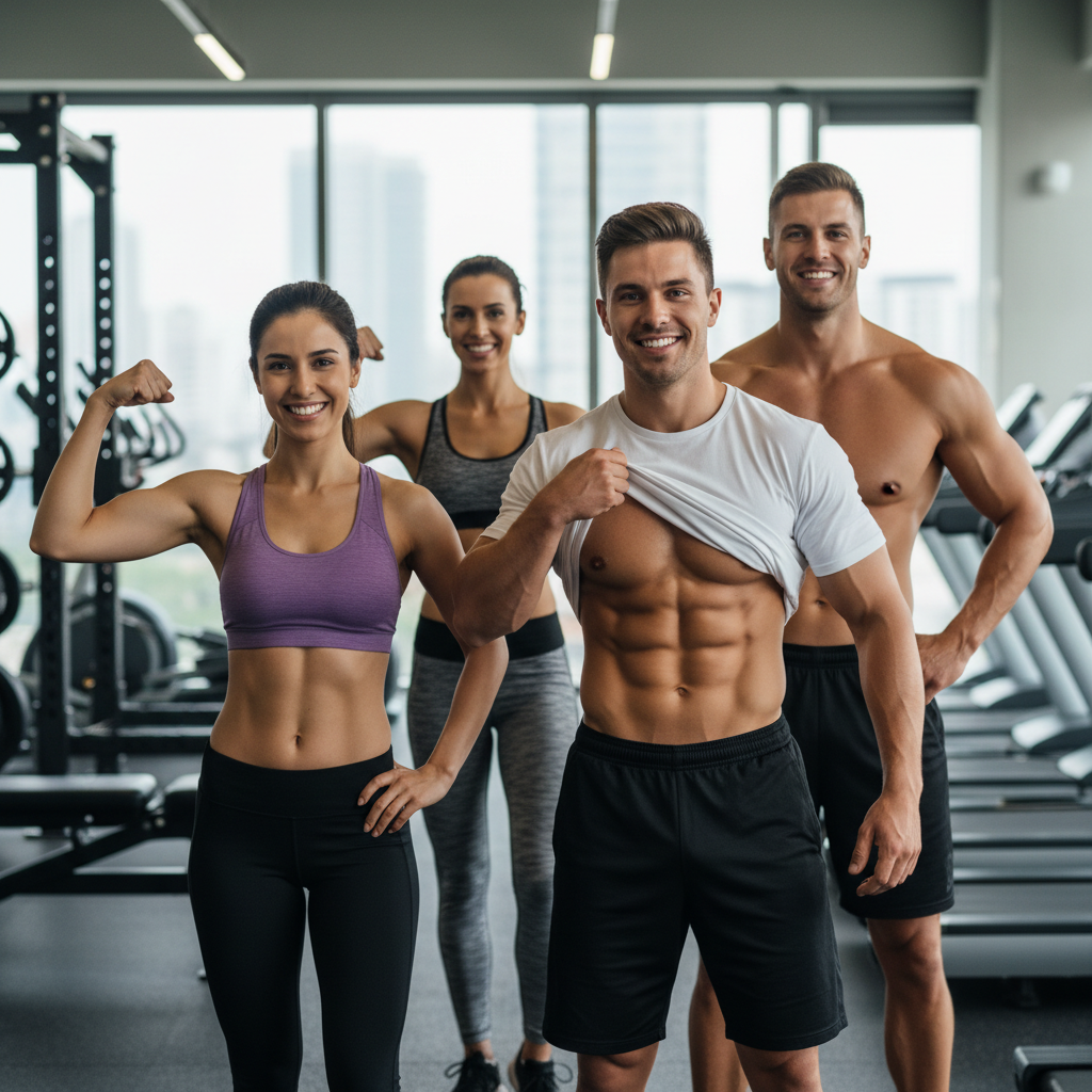 fitness review photo, no text, focus on gym results, people showing positive outcomes, no writing